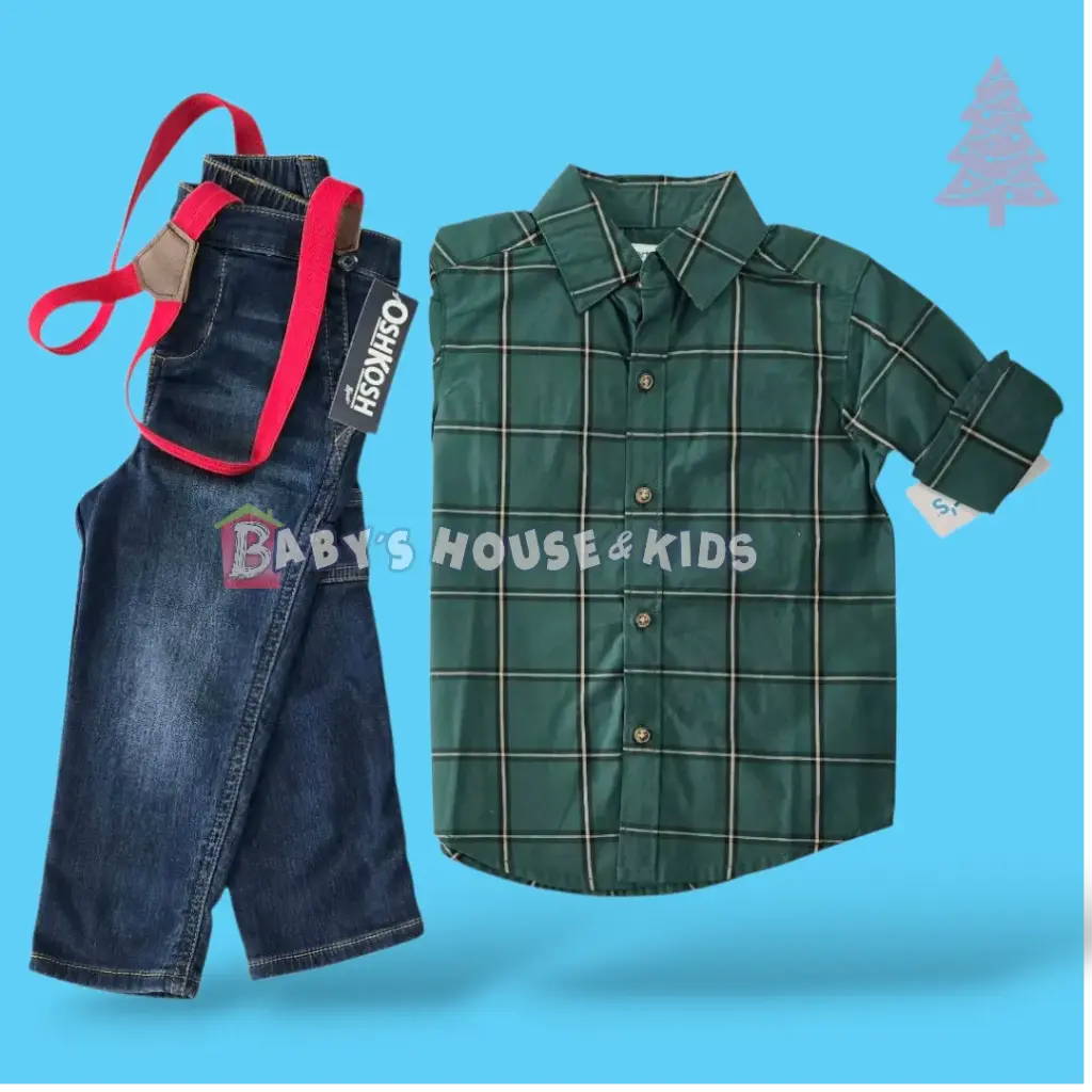 Manga larga cuadriculada de botones y Jeans con tirantes rojos removibles, talla 2t 