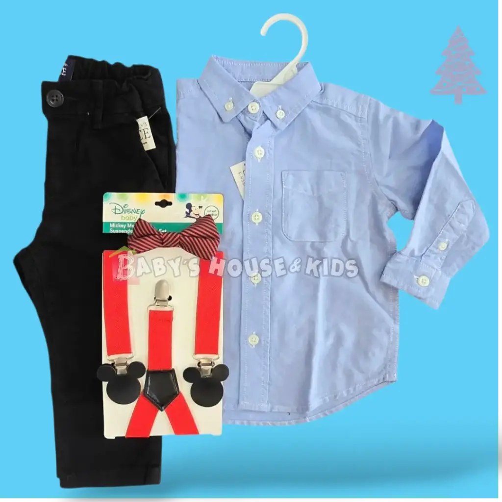 Manga larga de botones, pantalón negro, tirantes de Mickey mouse y corbatín, talla 2t 