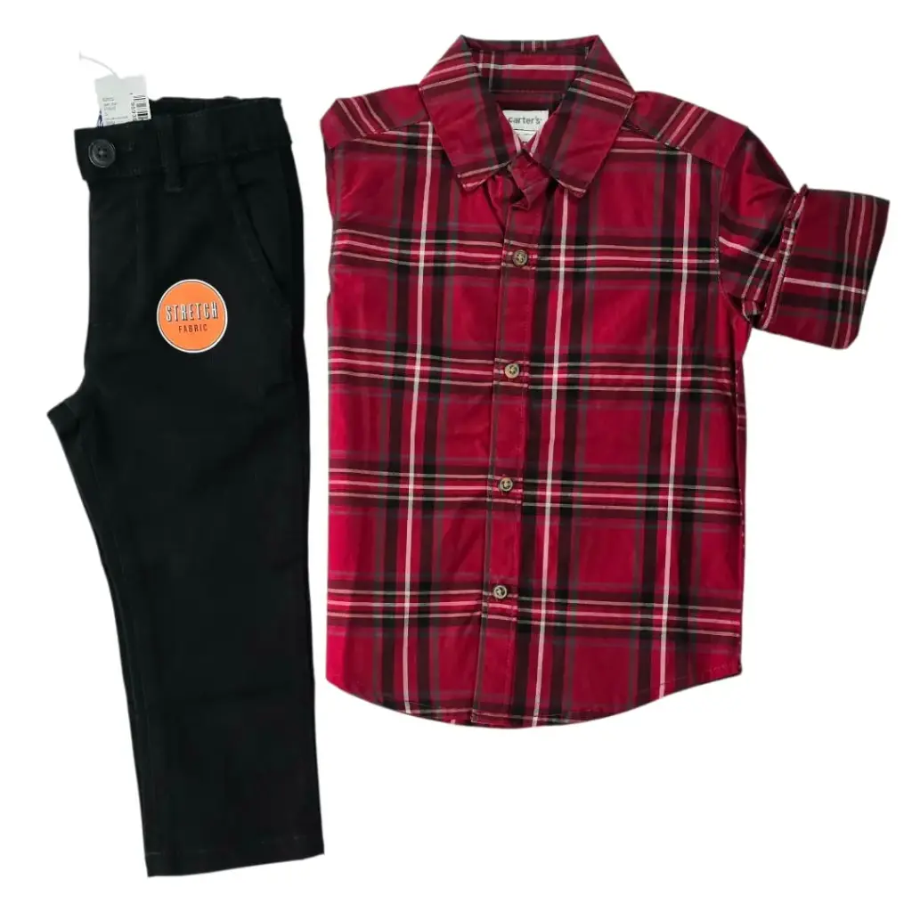 Manga larga cuadriculada de botones y pantalón negro, talla 2t 