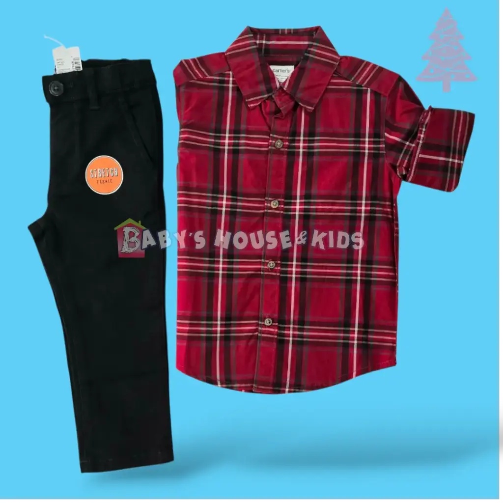 Manga larga roja cuadriculada de botones y pantalón negro, talla 2t 