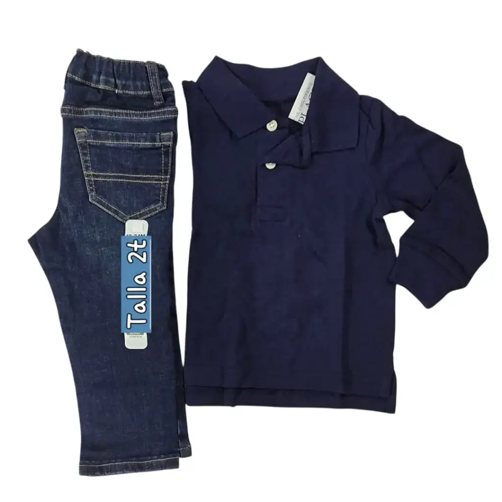 Manga larga tipo polo azul marino y Jeans, talla 2t 