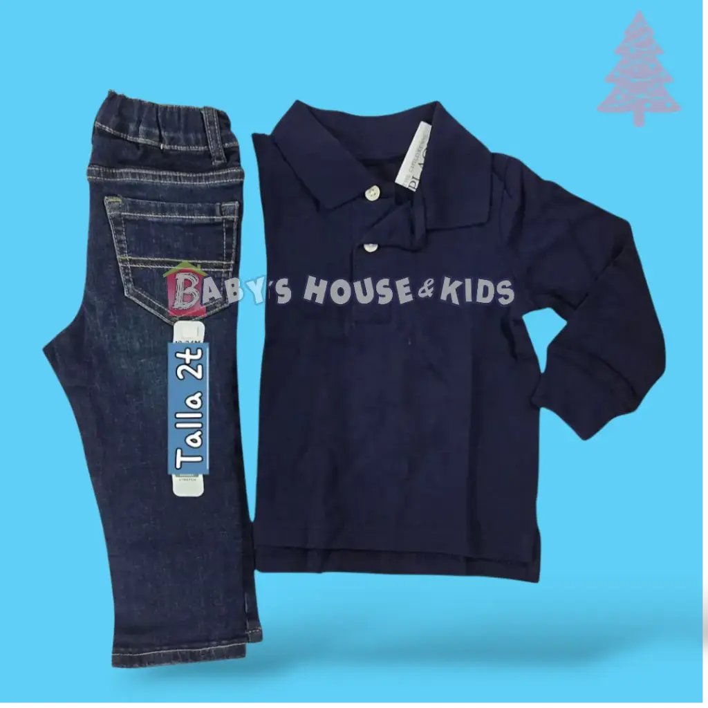 Manga larga tipo polo azul marino y Jeans, talla 2t 