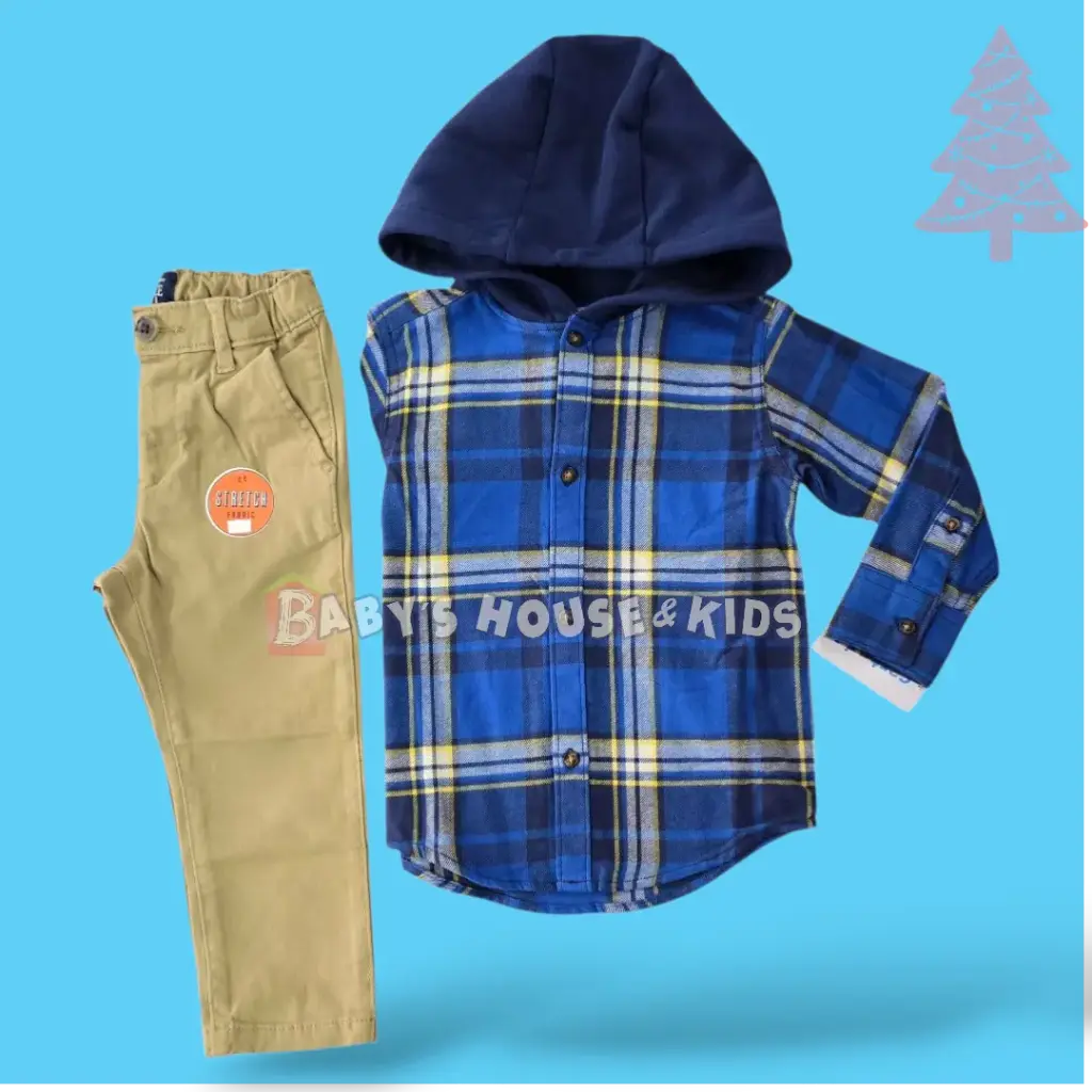 Manga larga cuadriculada con gorro y pantalón caqui, talla 2t 