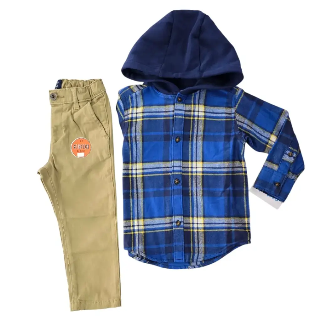 Manga larga cuadriculada de botones con gorro y pantalón caqui, talla 2t 