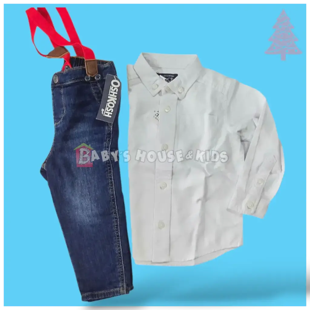 Manga larga de botones y Jeans con tirantes rojos removibles, talla 2t 
