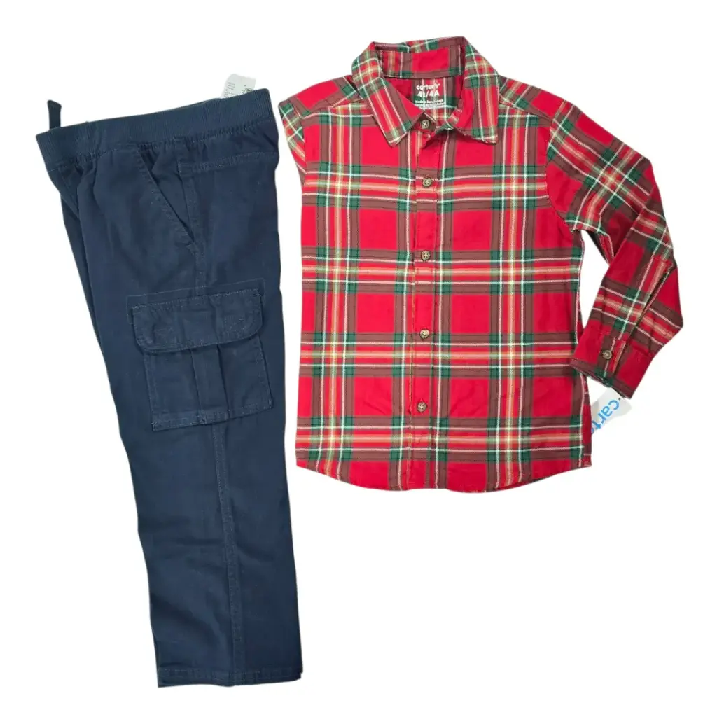 Camisa roja cuadriculada y pantalón bombero talla 4