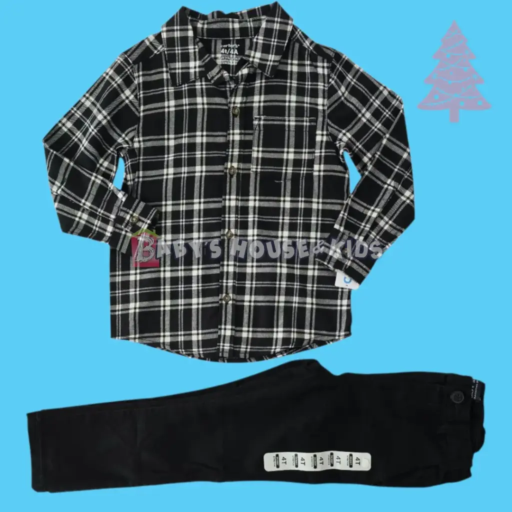 Outfit camisa a cuadros y pantalón negro, talla 4t