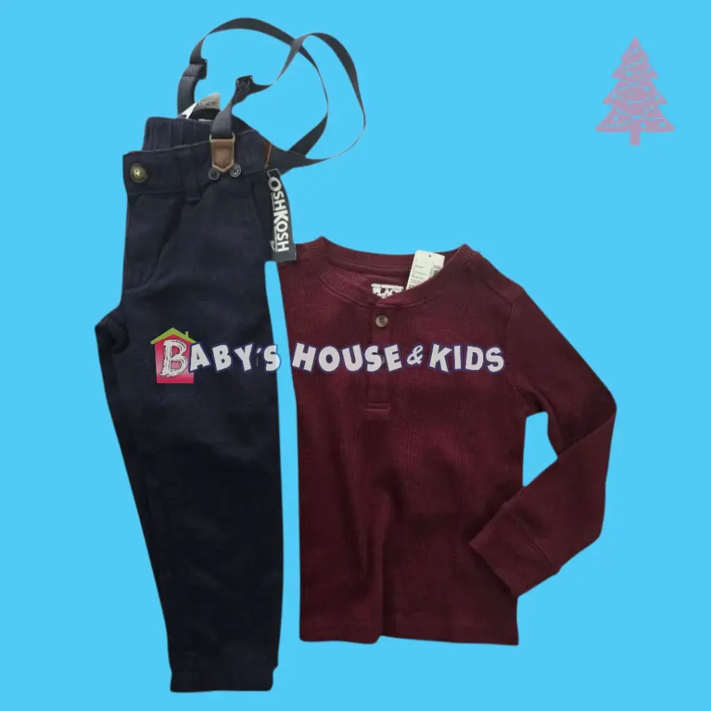 Camisa stretch y pantalón azul  con tirantes, talla 5t