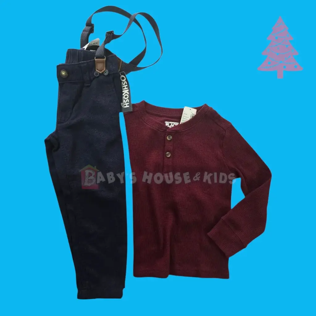 Manga larga ocre y pantalón con tirantes removibles, talla 3t 