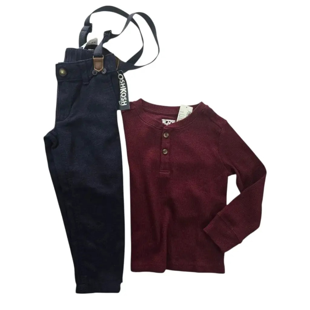 Manga larga ocre y pantalón con tirantes removibles, talla 3t 