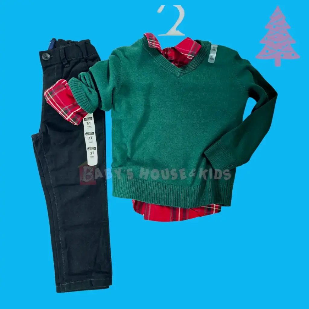 Manga larga cuadriculada de botones, pantalón negro y suéter verde, talla 3t 