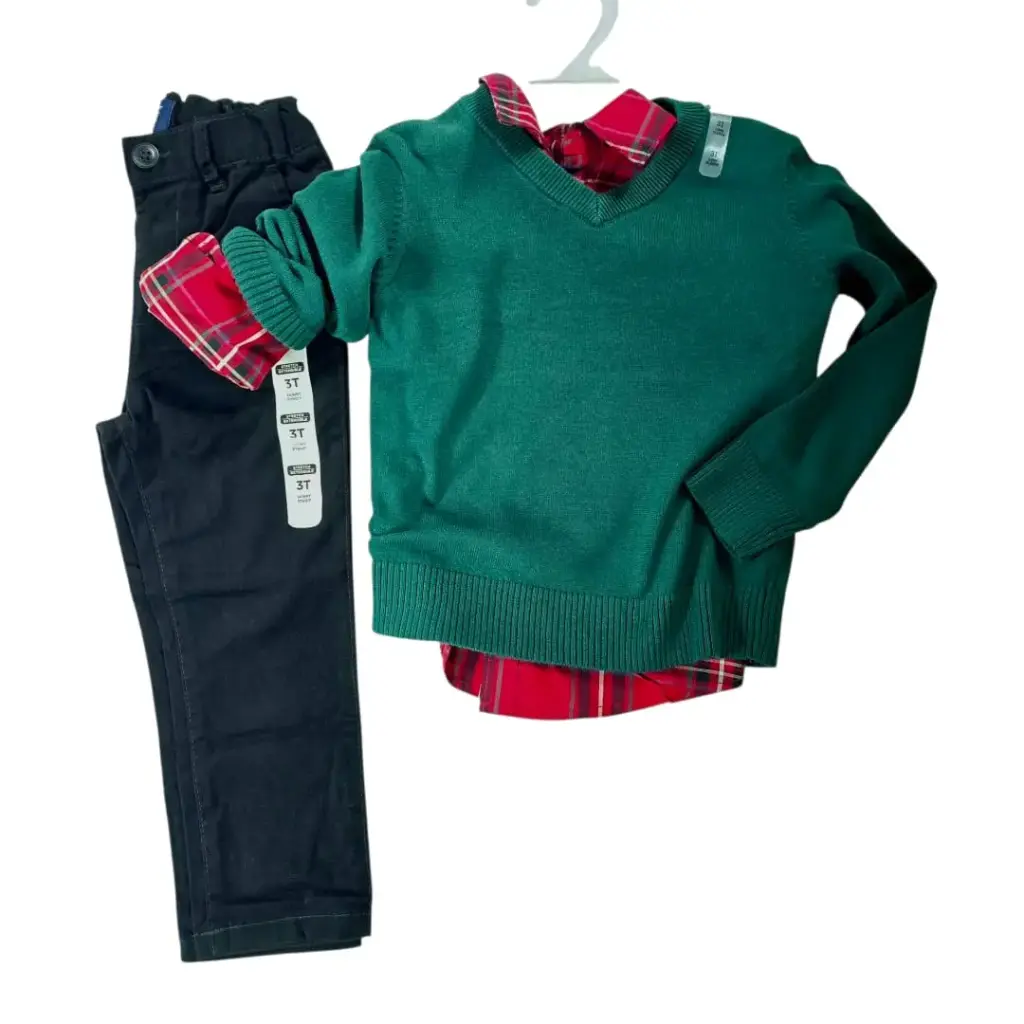 Manga larga cuadriculada de botones, pantalón negro y suéter verde, talla 3t 