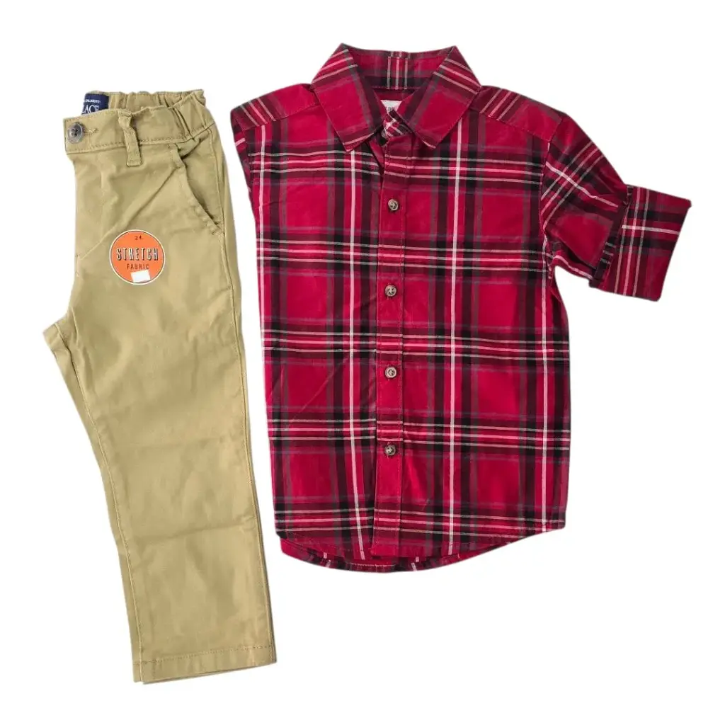 Manga larga cuadriculada de botones y pantalón caqui, talla 3t 