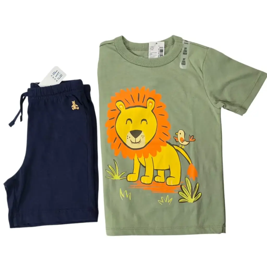 Camiseta de figura de león y Short azul marino, talla 3t 