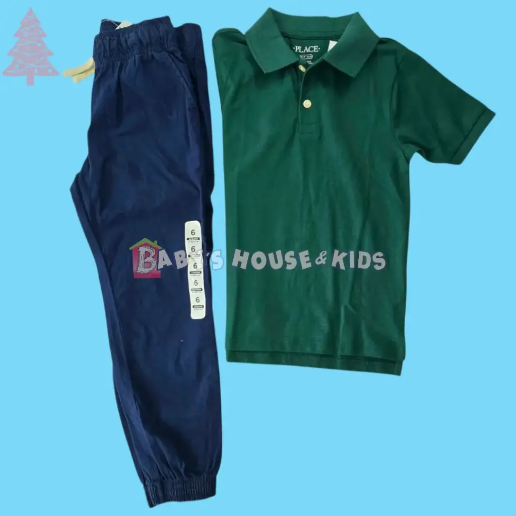 Polo verde olivo y jogger azul marino, talla 6