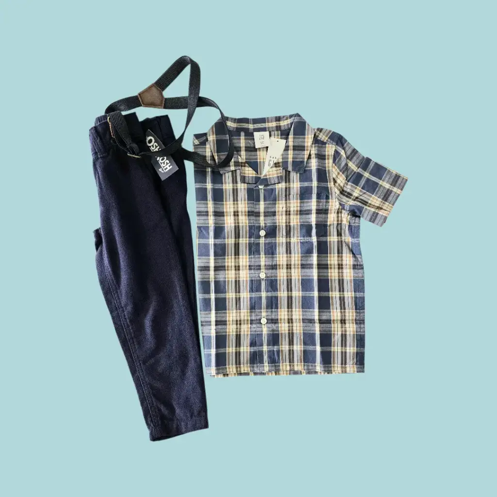 Camisa a cuadros y pantalón con tirantes , talla 3t 