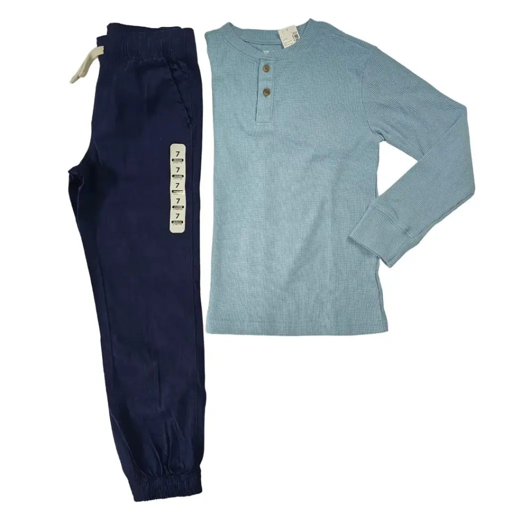 Manga larga celeste de algodón y jogger azul marino, talla 7