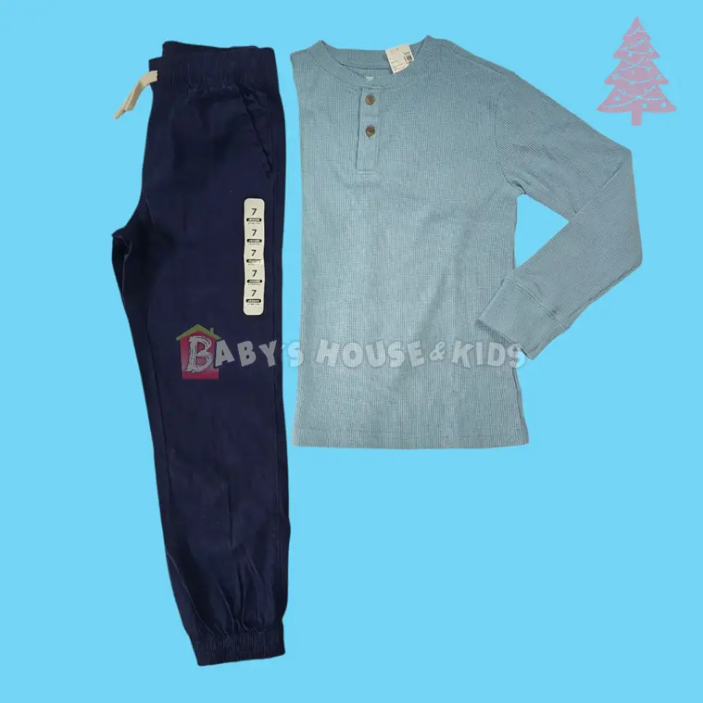 Manga larga celeste de algodón y jogger azul marino, talla 7