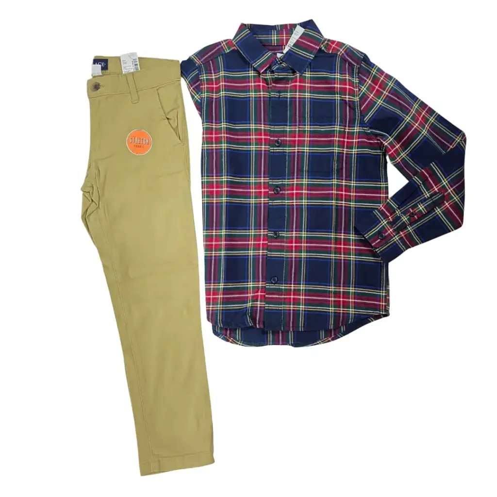 Manga larga cuadriculada de botones y pantalón caqui, talla 7