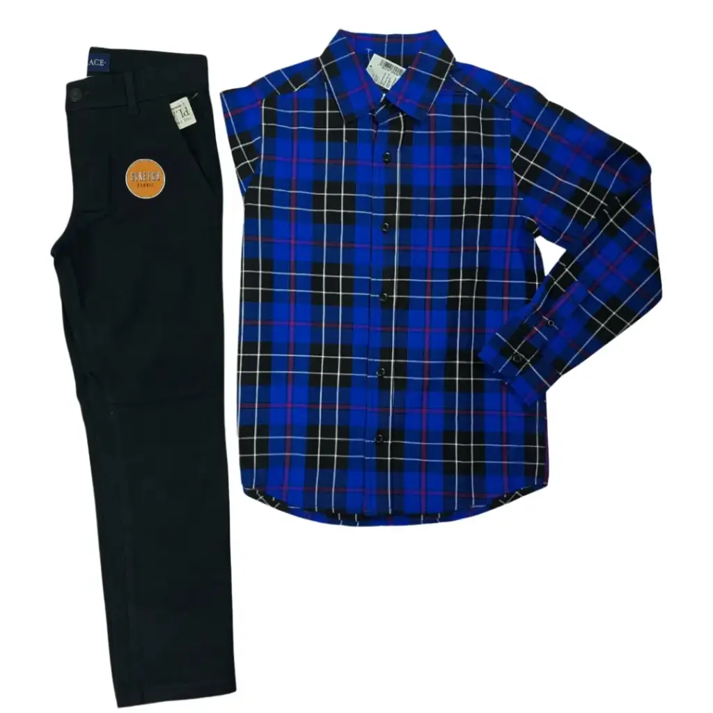 Camisa formal a cuadros azul encendido a cuadros y pantalón formal oscuro, talla 8