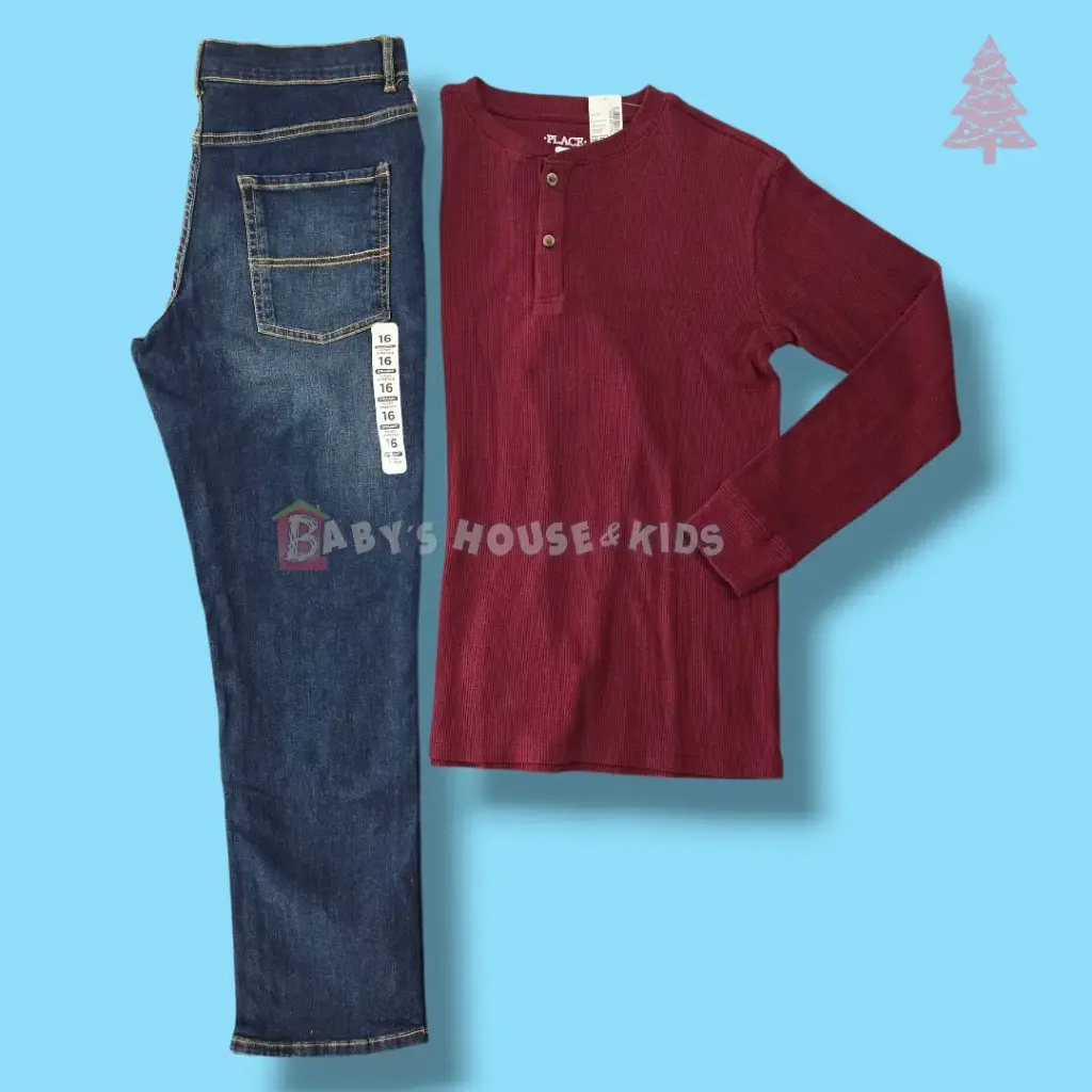 Camisa stretch ocre y Jeans azul + ancho, talla 12