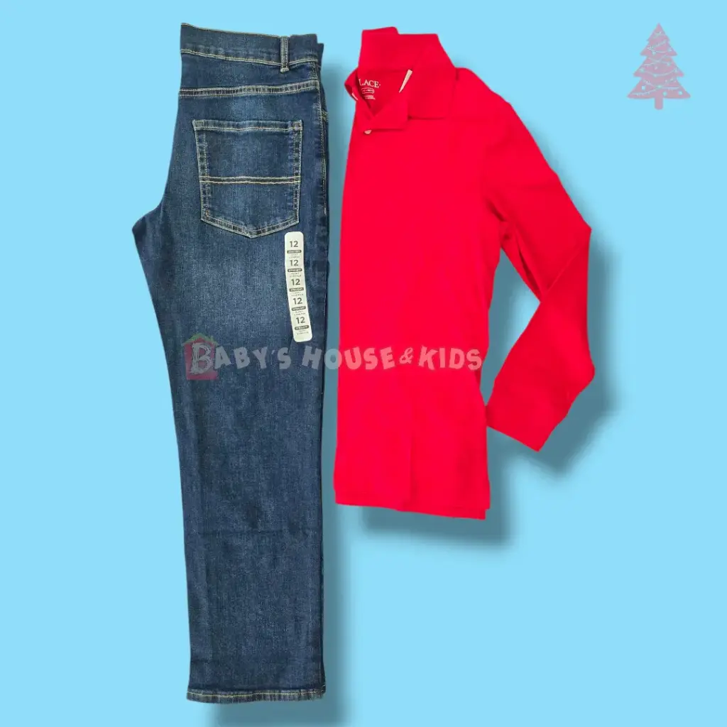 Camisa polo roja de algodón y jeans stretch + ancho de cintura, talla 12