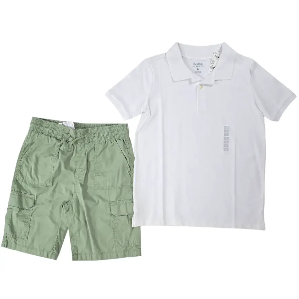 Polo blanca y short cargo, talla 14