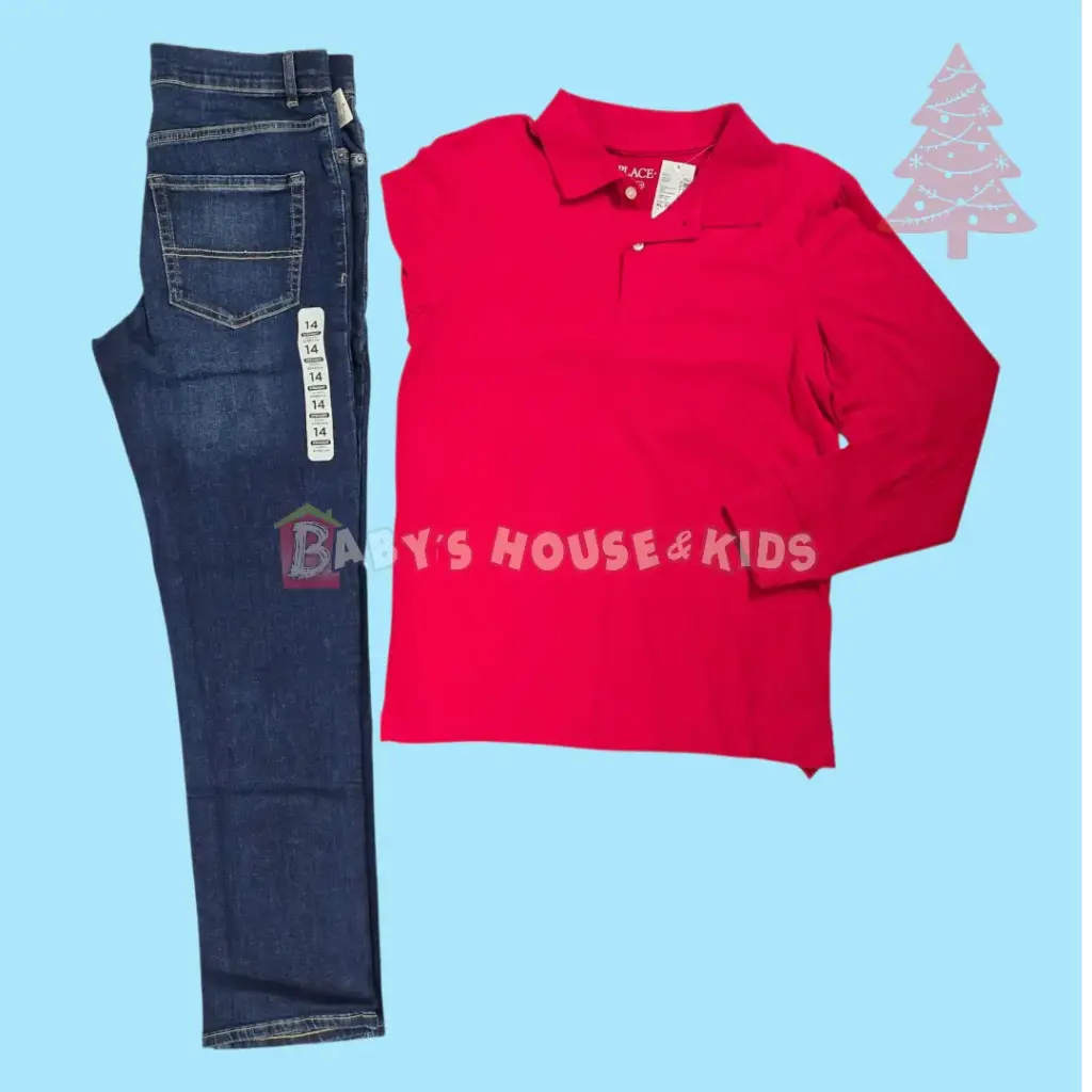 Polo roja + ancha de algodón y jeans stretch + ancho también, talla 14