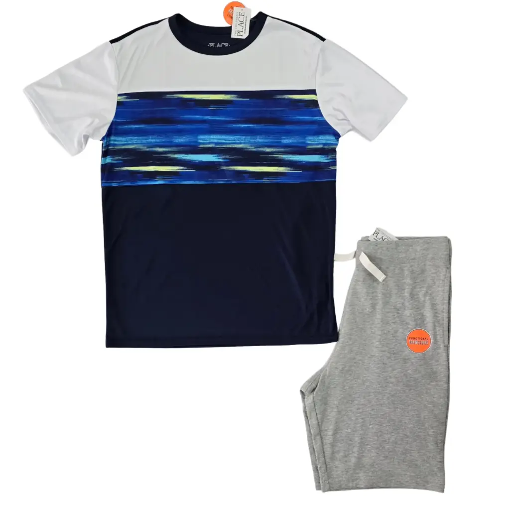 Camiseta tela deportiva y short de algodón, talla 16