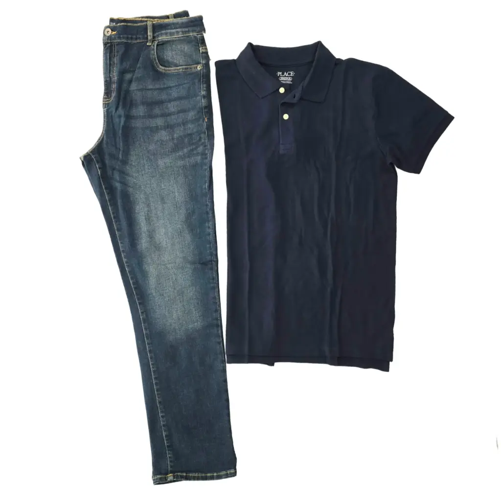 Polo azul marino talla18 niño, y Jeans + ancho talla 18(equivalente 31)