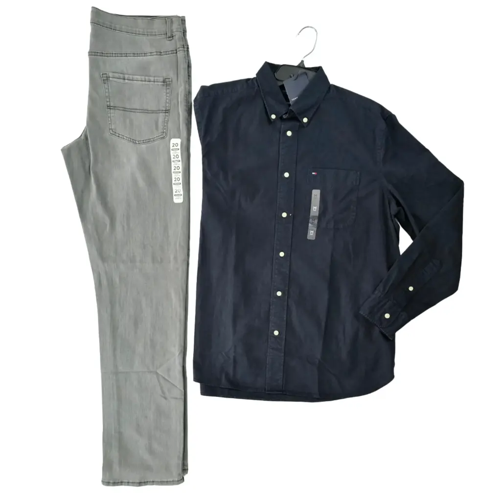 Camisa M manga larga azul y Jeans gris + ancho talla 20( equivale a 32 de adulto)