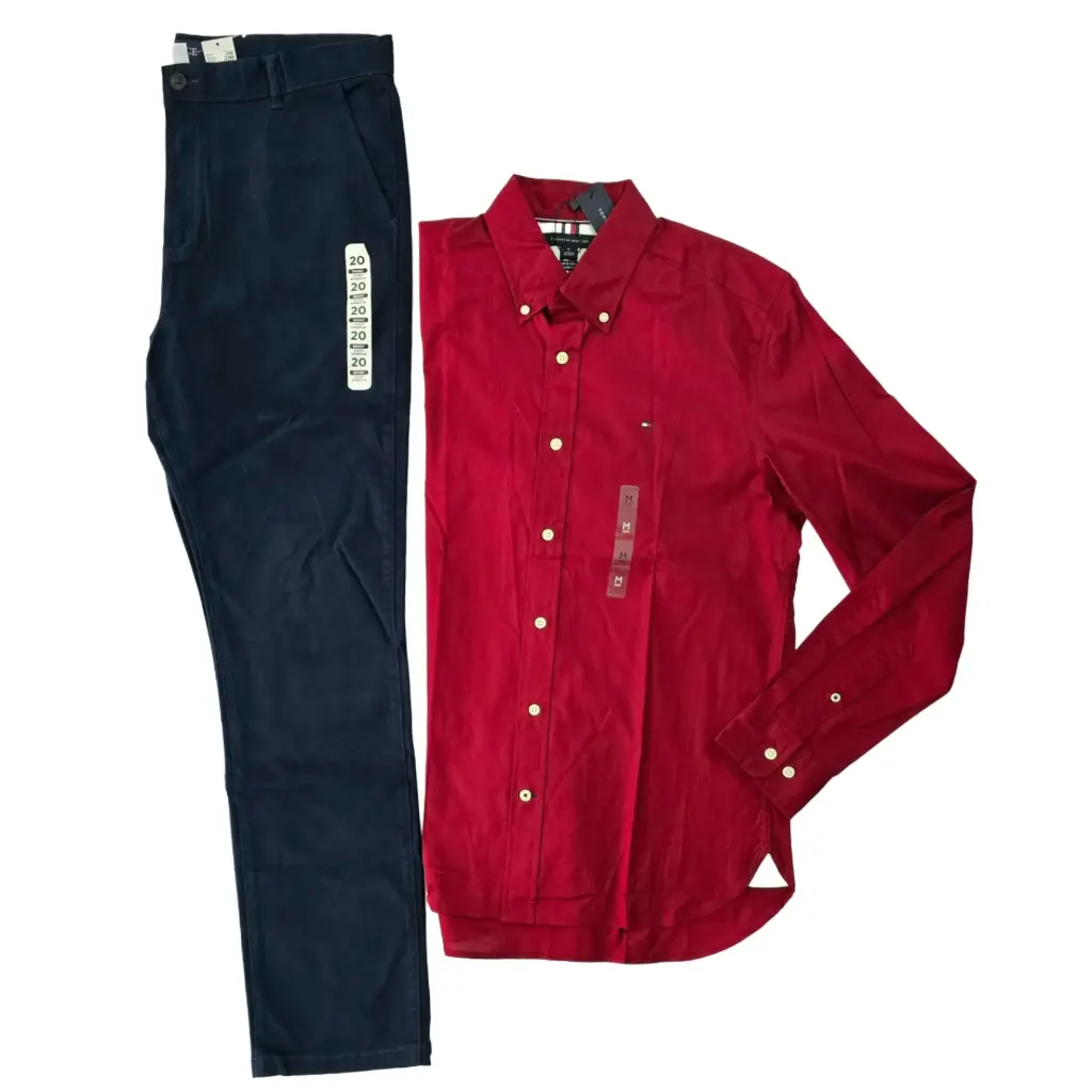 Camisa ocre manga larga talla M y pantalon azul marino + ancho talla 20 (equivale a 32 de adulto)