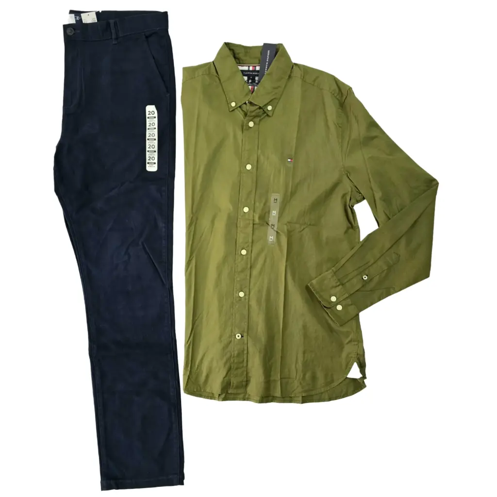 Camisa manga larga verde talla M y pantalón azul + ancho talla 20( equivale a talla 32)