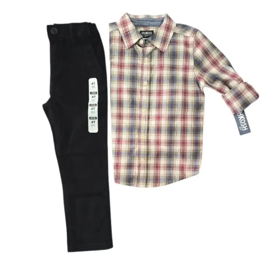 Camiseta a cuadros y pantalón negro, talla 4t 