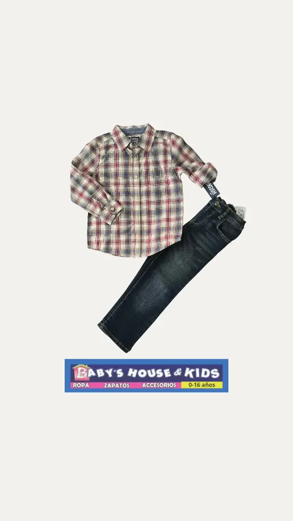 Camisa manga larga a cuadros, con botones y Jean Straight, talla 4t varón 