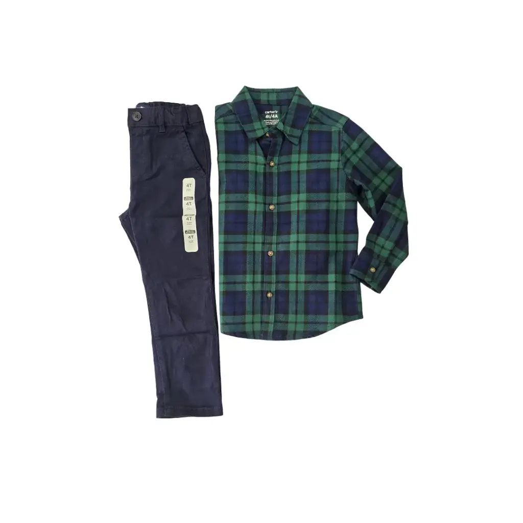 Camisa manga larga a cuadros, con botones y pantalón azul marino, talla 4t varón 