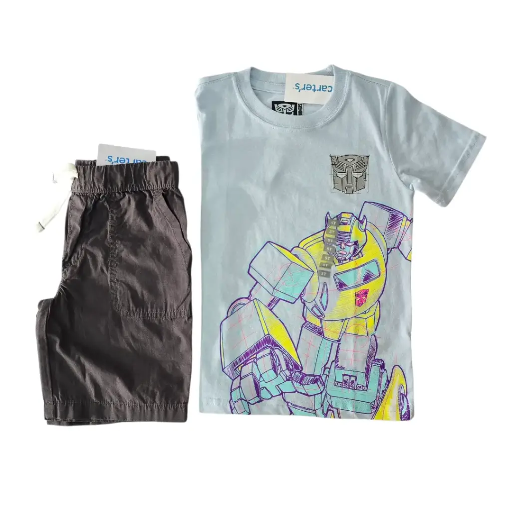 Camiseta transformer y short gris cargo, talla 5t
