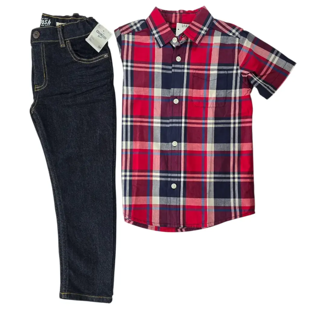 Camisa manga corta y Jeans azul marino, talla 5t