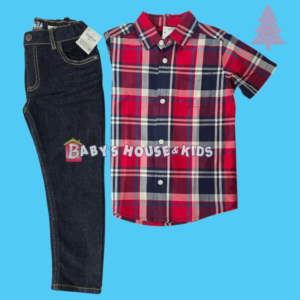 Camisa manga corta y Jeans azul marino, talla 5t