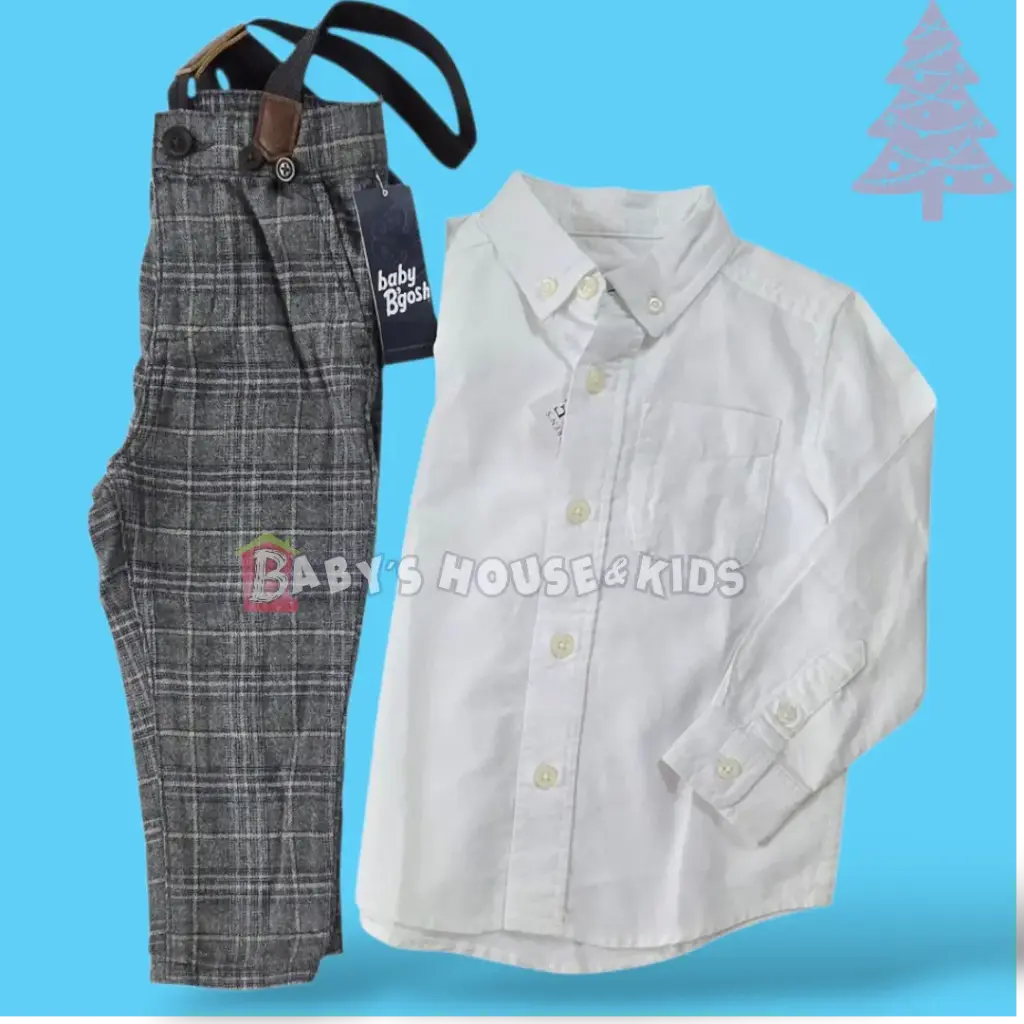 Camisa blanca y pantalón formal con tirantes, talla 18 meses