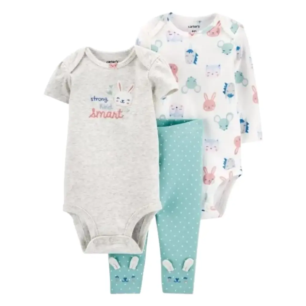 Set de 3 piezas,  tela de algodón, con figuras de conejitos, talla 18 meses 