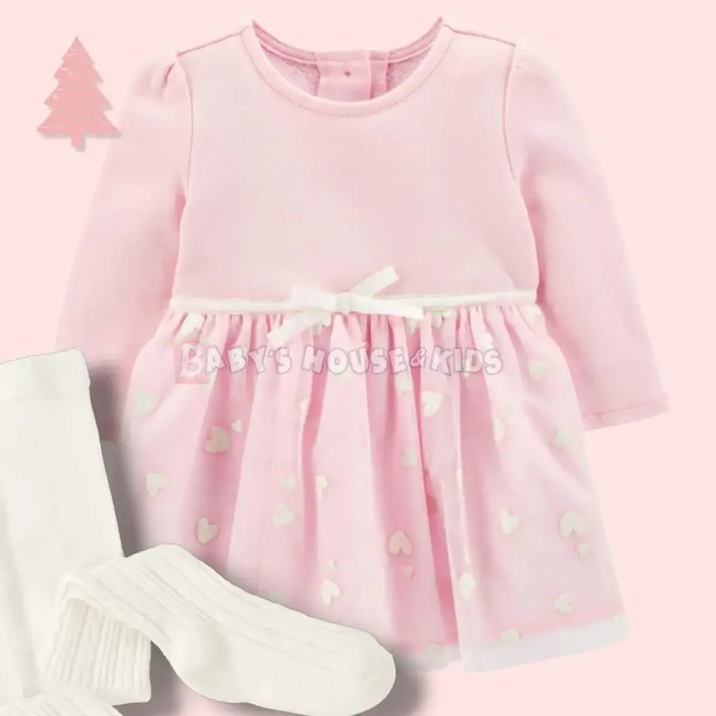 Vestido calientito, rosado con corazones blancos, talla 18 meses