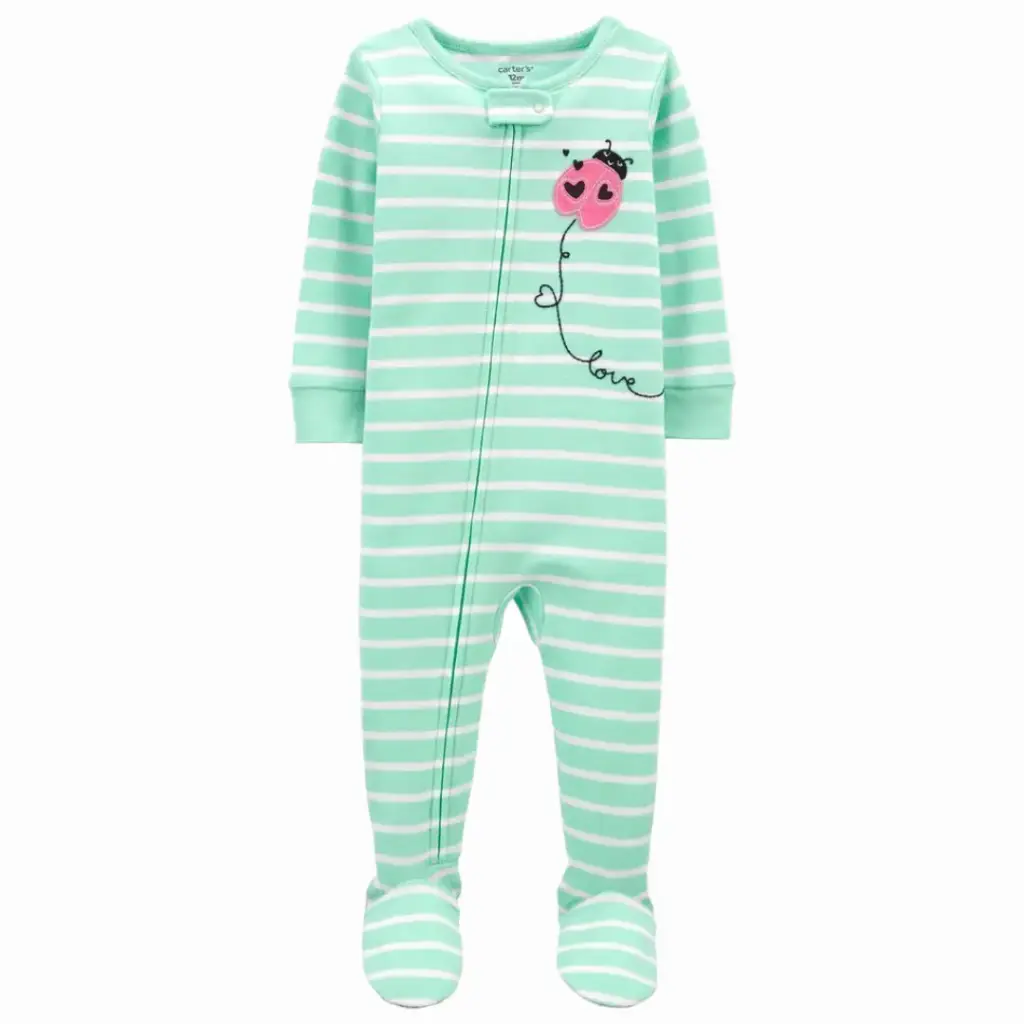 Pijama con pies  y Zipper, tela de algodón, diseño de mariquita, talla 18 meses 