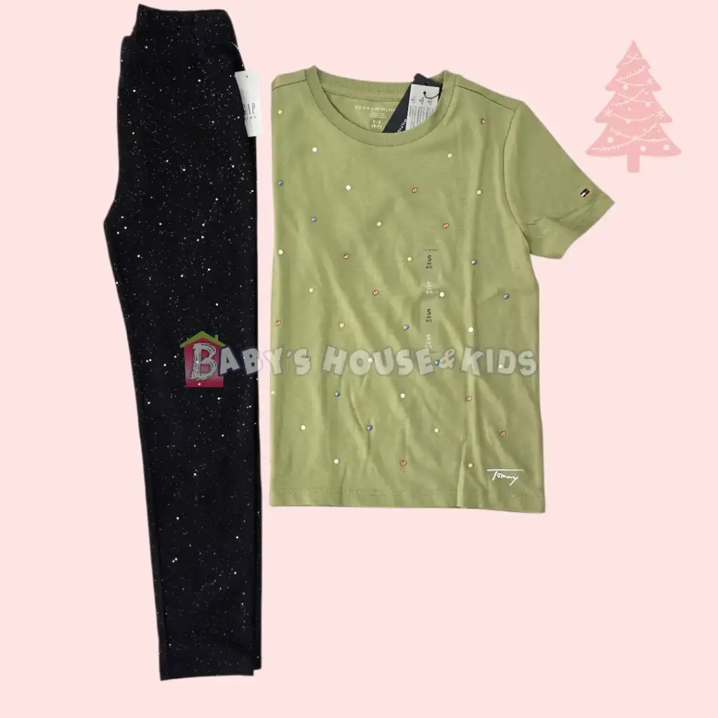 Camisa con perlas de colores y legging con brillos, talla 7 