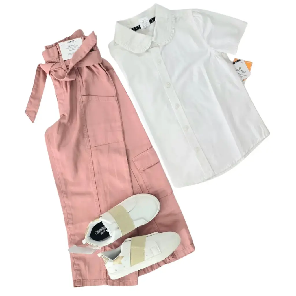 Blusa blanca de botones y pantalón rosa ancho, talla 7