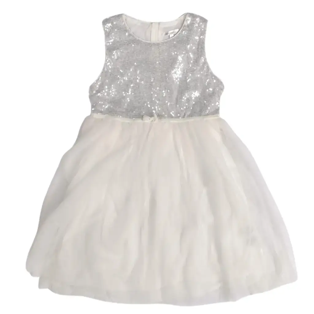 Vestido blanco con lentejuelas plateadas y tutú, talla 8
