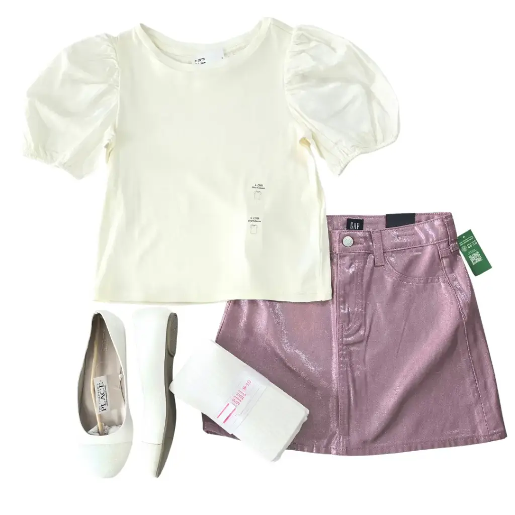 Blusa algodón y falda brillante, talla 10