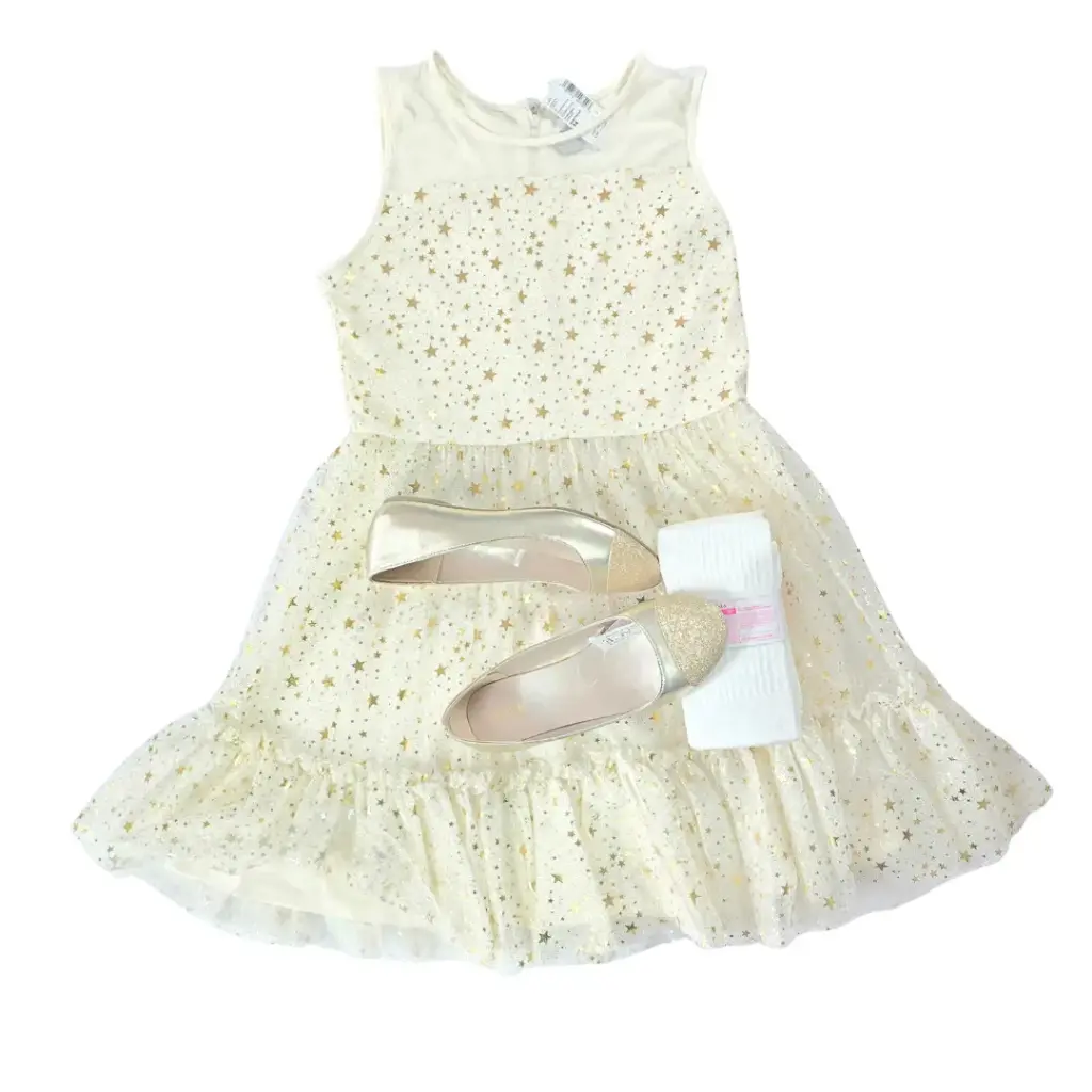 Vestido dorado con estrellas, talla 10
