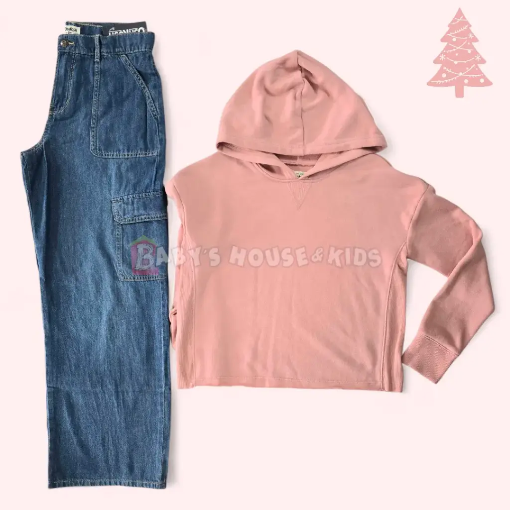 Hoodie 100 % algodón y pantalón jean ancho, talla 14