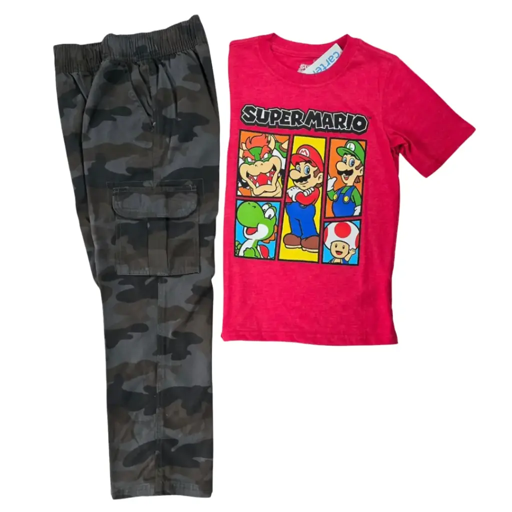 Camiseta Mario Bros y pantalón bombero, talla 8